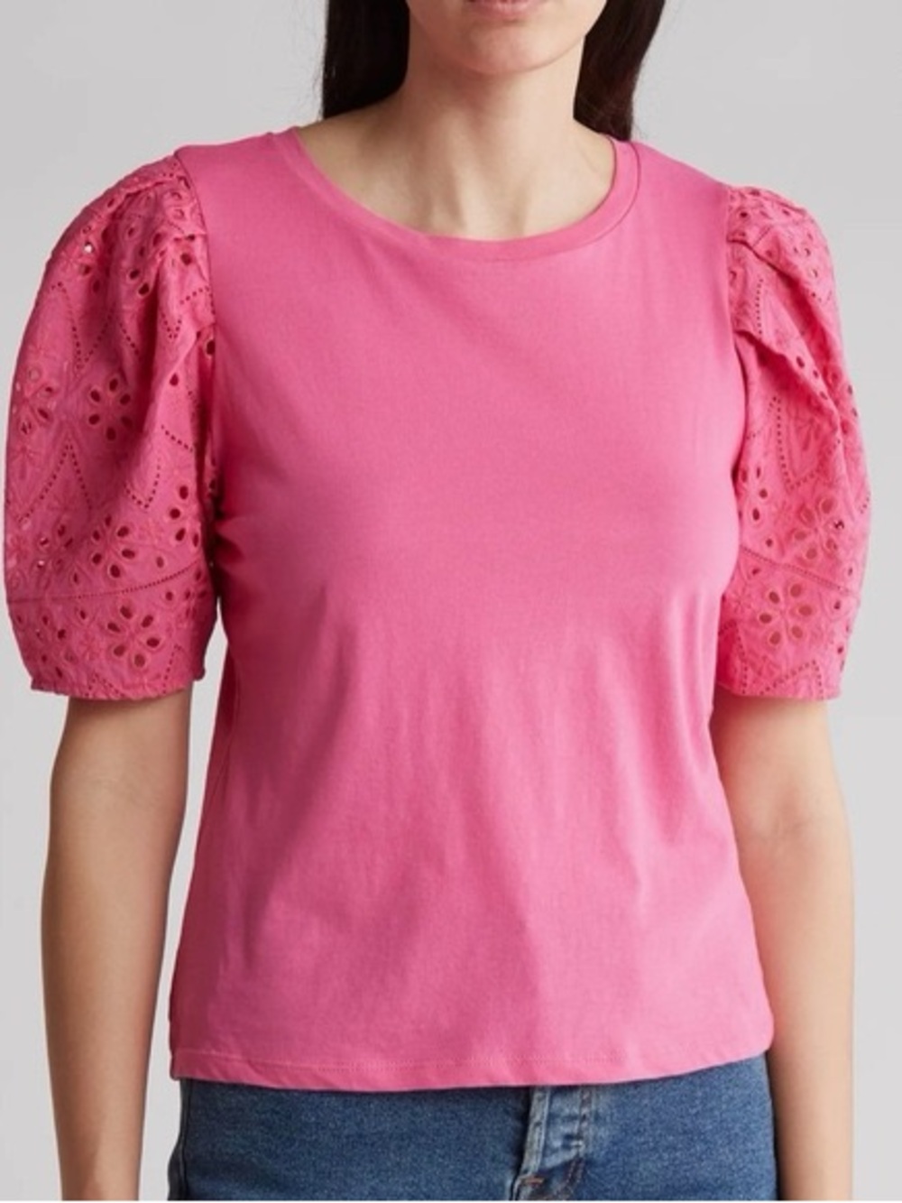 Women’s Pink Puff Sleeve Eyelet Tee